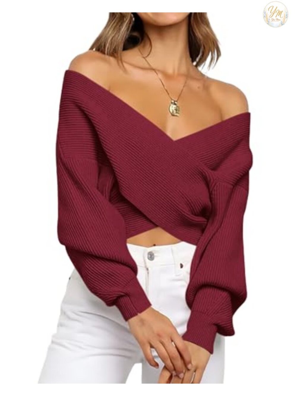 Off Shoulder Lantern Sleeve Ribbed Knit Pullover Sweater